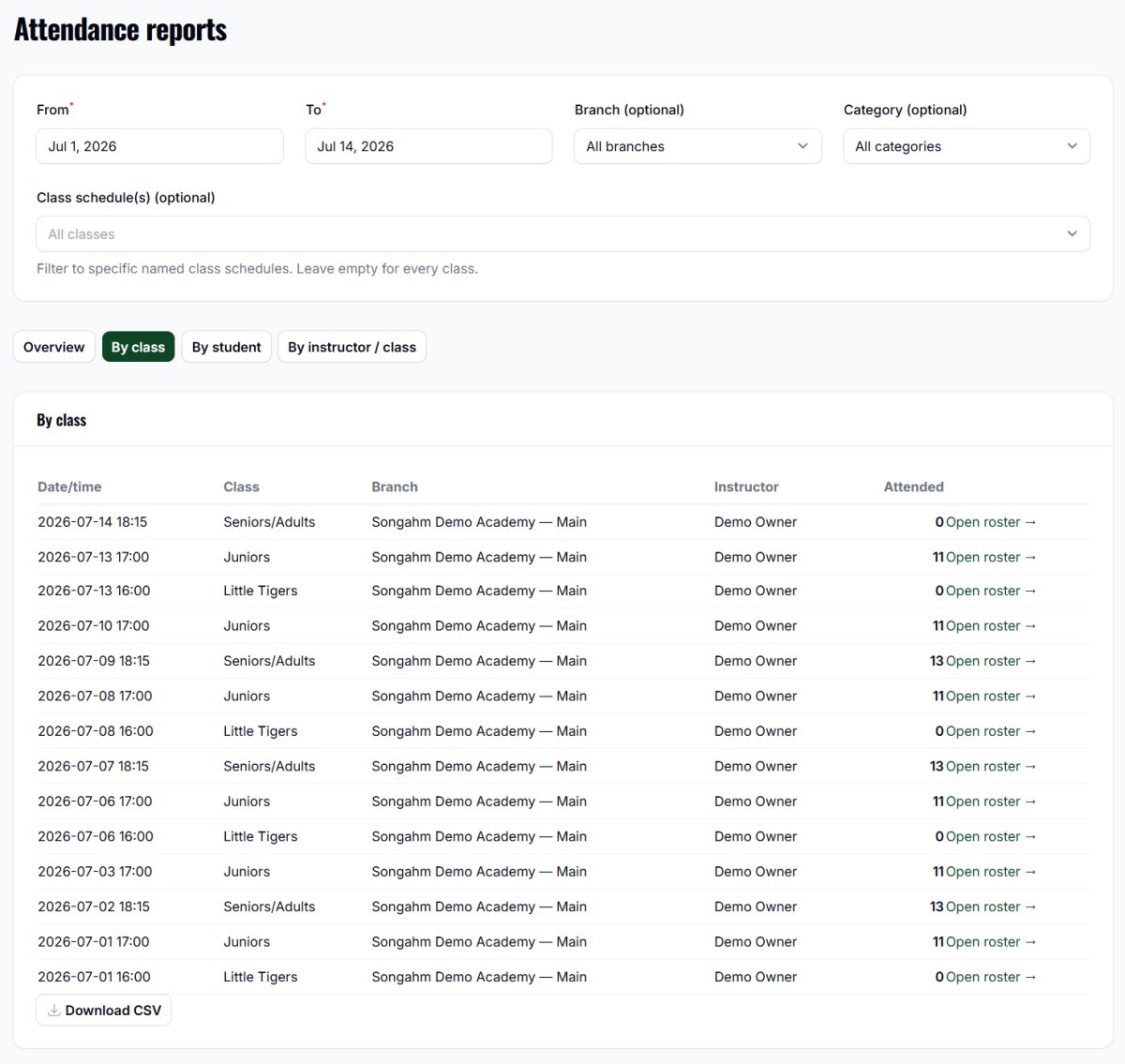Class timetable and attendance check-in